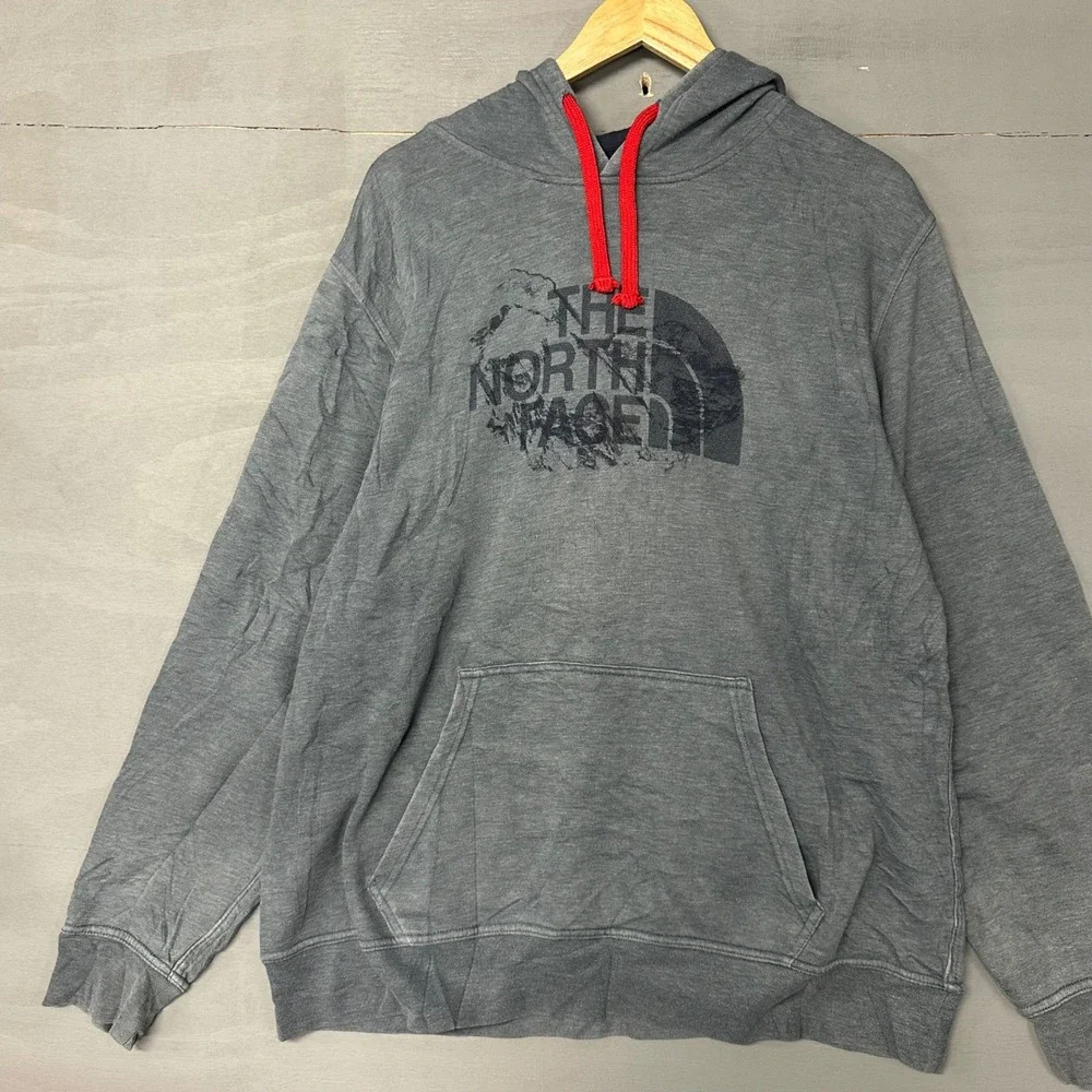The‎ North Face Mens XL Hoodie Grey Distressed Graphic Logo Pullover Sweatshirt